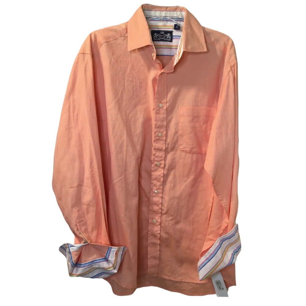 Robert Graham Peach Button-Up Shirt with Multicolor Cuff Stripes